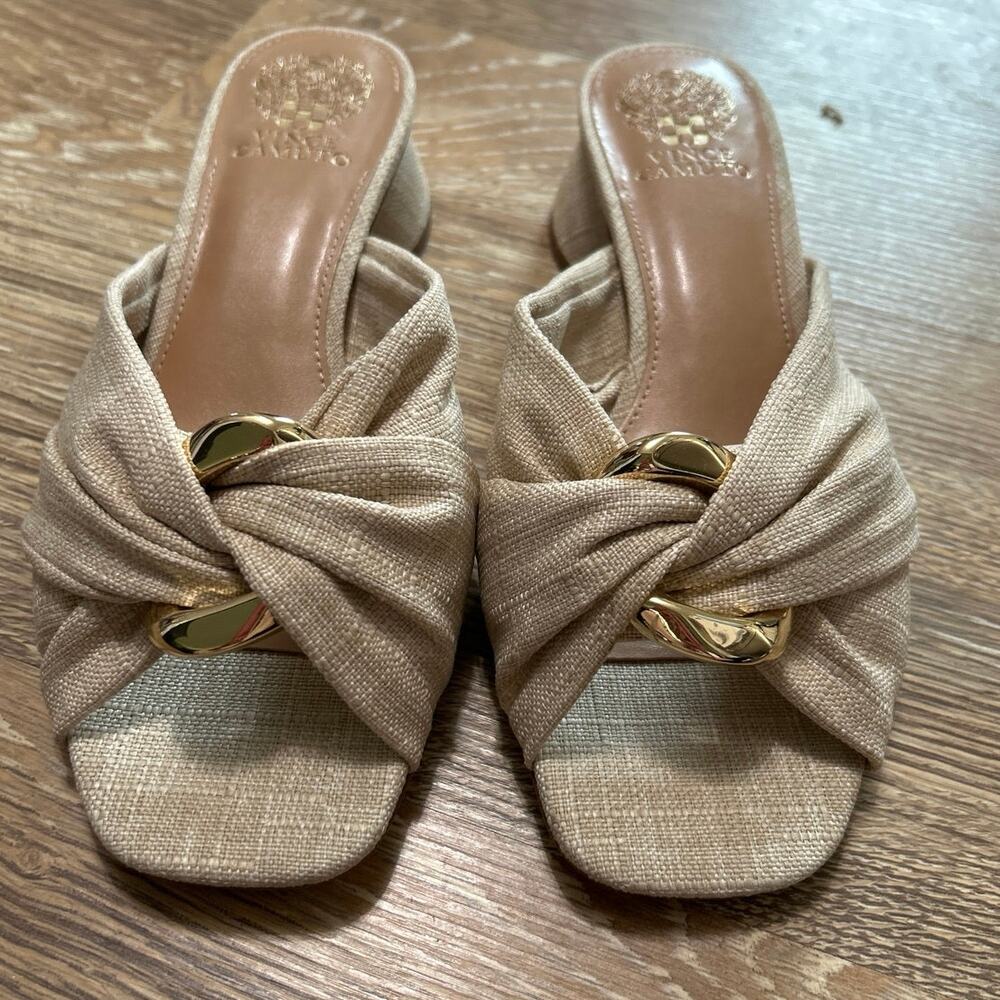 Vince Camuto Liane Natural Linen Raffia Slide Sandals Gold Ring Round Heel New 9 - Picture 3 of 14